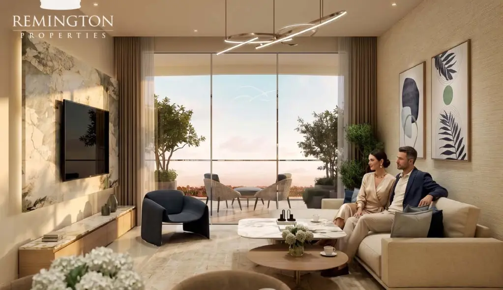 Sorrento Lagoon Views by DAMAC: Living room seating and balcony outlook