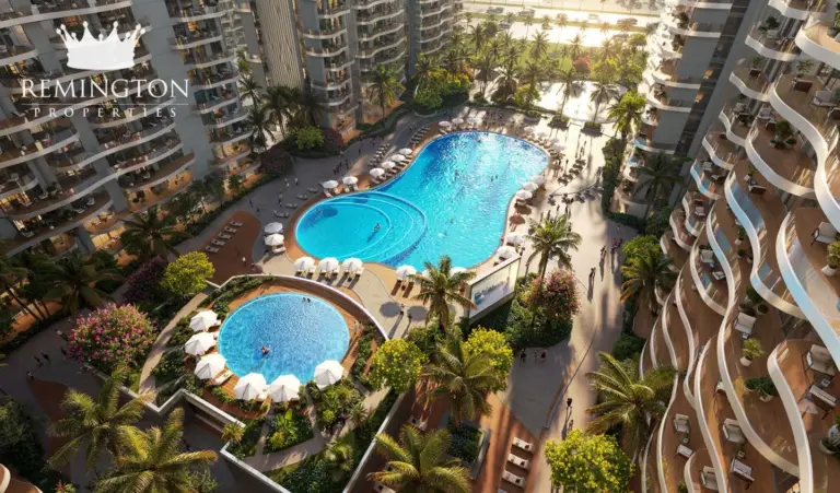 Sorrento Lagoon Views by DAMAC: Aerial view of pools between curved residences