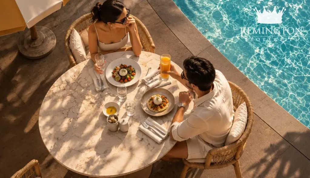 Poolside breakfast lifestyle imagery for Sorrento Lagoon Views by DAMAC