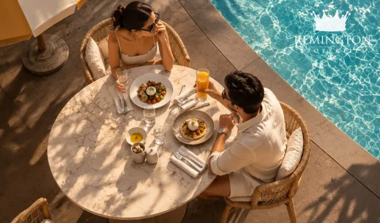 Poolside breakfast lifestyle imagery for Sorrento Lagoon Views by DAMAC
