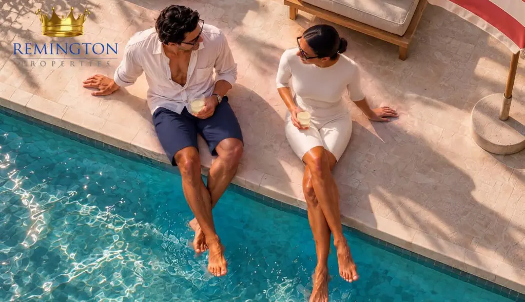 Poolside relaxation lifestyle imagery for Sorrento Lagoon Views by DAMAC