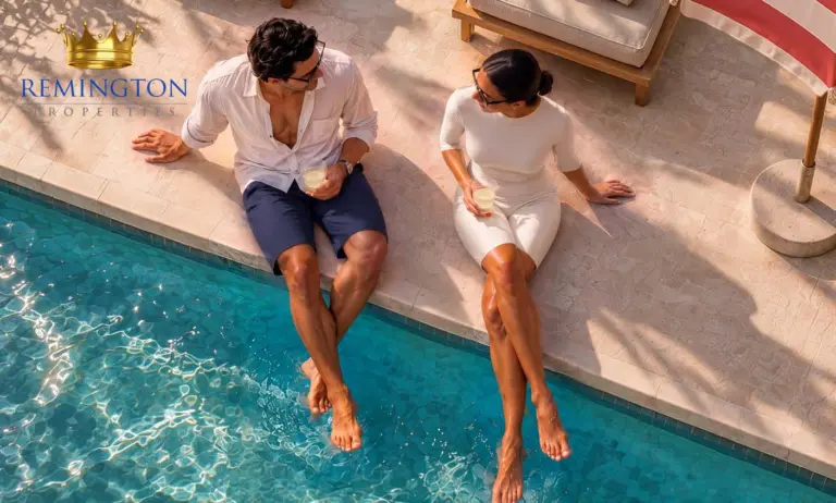 Poolside relaxation lifestyle imagery for Sorrento Lagoon Views by DAMAC