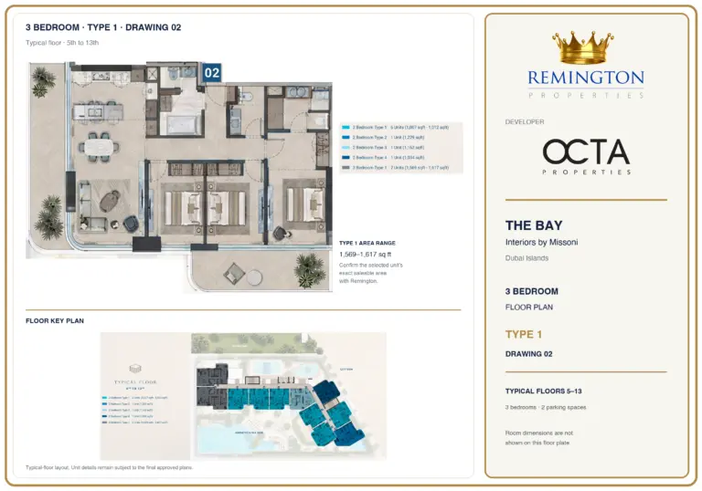 3-bedroom Type 1 drawing 02 at The Bay Interiors by Missoni, with its typical-floor key plan and unit-type legend.