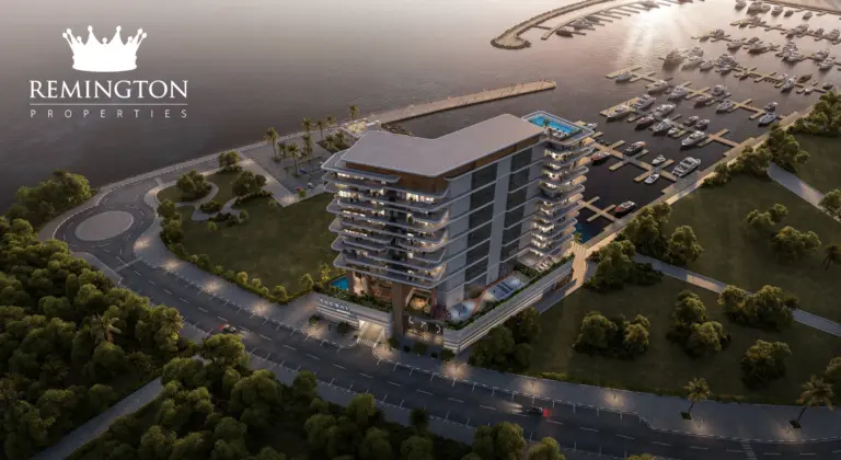 Elevated view of The Bay, the surrounding roads and yacht marina