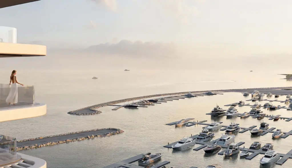 Wide rendering of balconies overlooking the yacht marina and open sea