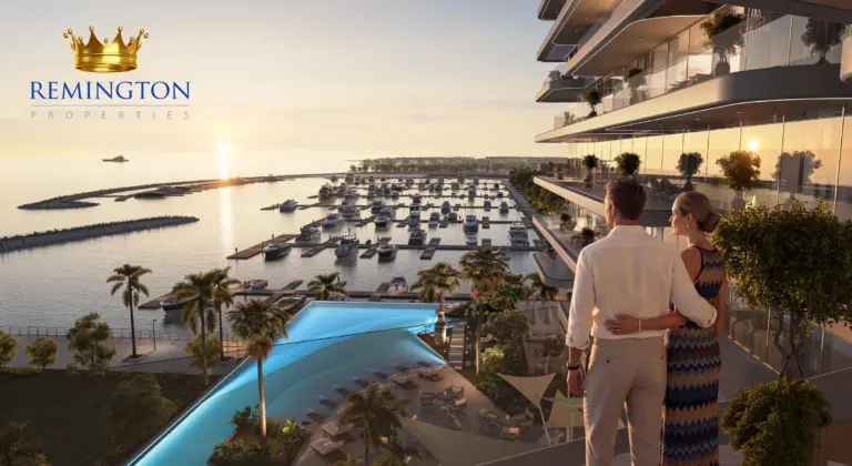Balcony rendering overlooking the pool deck, yacht marina and sea at sunset