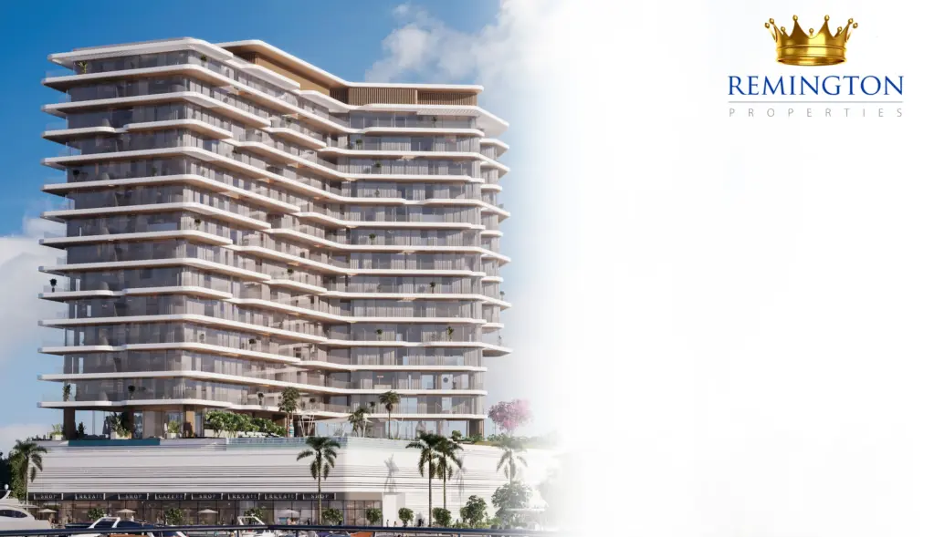 Architectural elevation of The Bay showing its curved balconies and podium