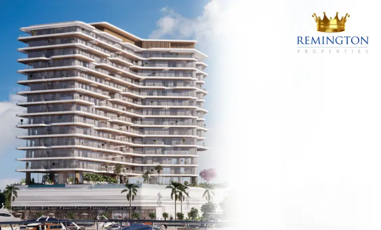 Architectural elevation of The Bay showing its curved balconies and podium