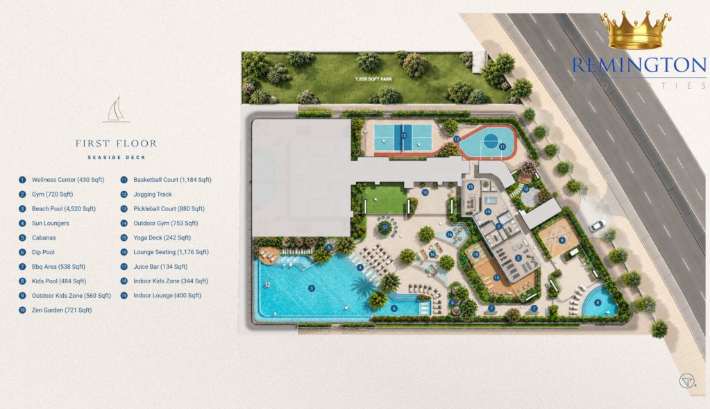 Illustrated first-floor amenity plan for The Bay, with numbered locations matched to a two-column legend.