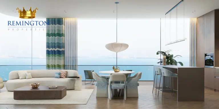 Open-plan living and dining area beside the kitchen, with patterned curtains and waterfront windows