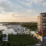 Sunset rendering of The Bay beside the Dubai Islands yacht marina