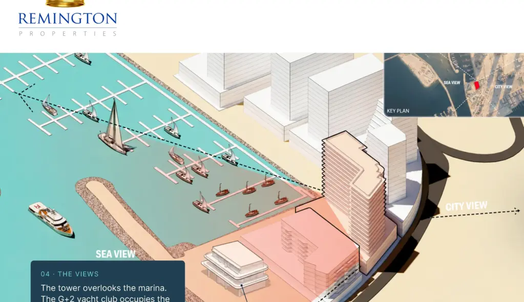 Illustrated site diagram showing The Bay facing the marina, with sea and city orientations