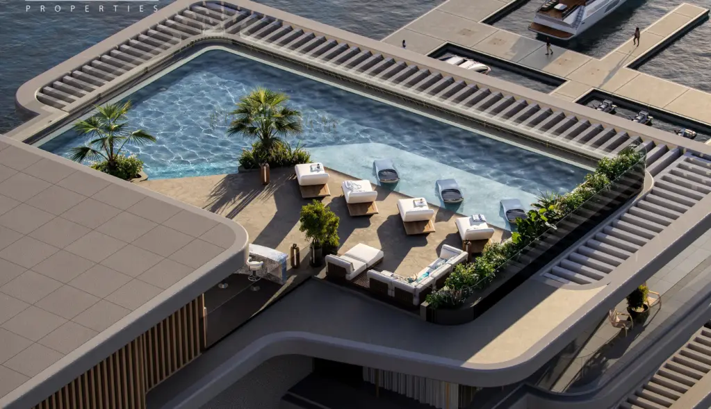 Elevated rendering of the rooftop terrace, pergolas and yacht marina