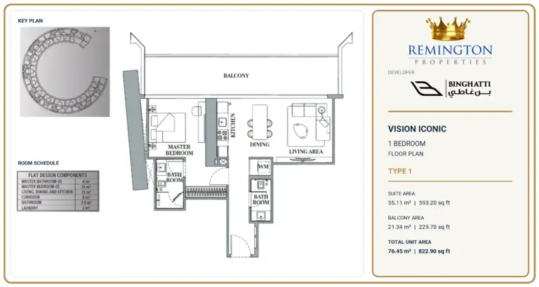 One-bedroom Type 1 VISION ICONIC floor plan with balcony, key plan and total area 822.90 sq ft