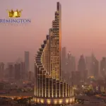 برج ویژن آیکونیک در نمایی از خط آسمان دبی هنگام غروب