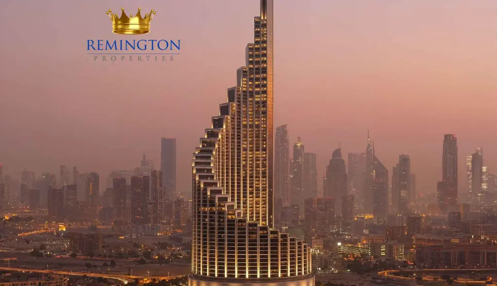 Vision Iconic tower rising above the Dubai skyline at dusk