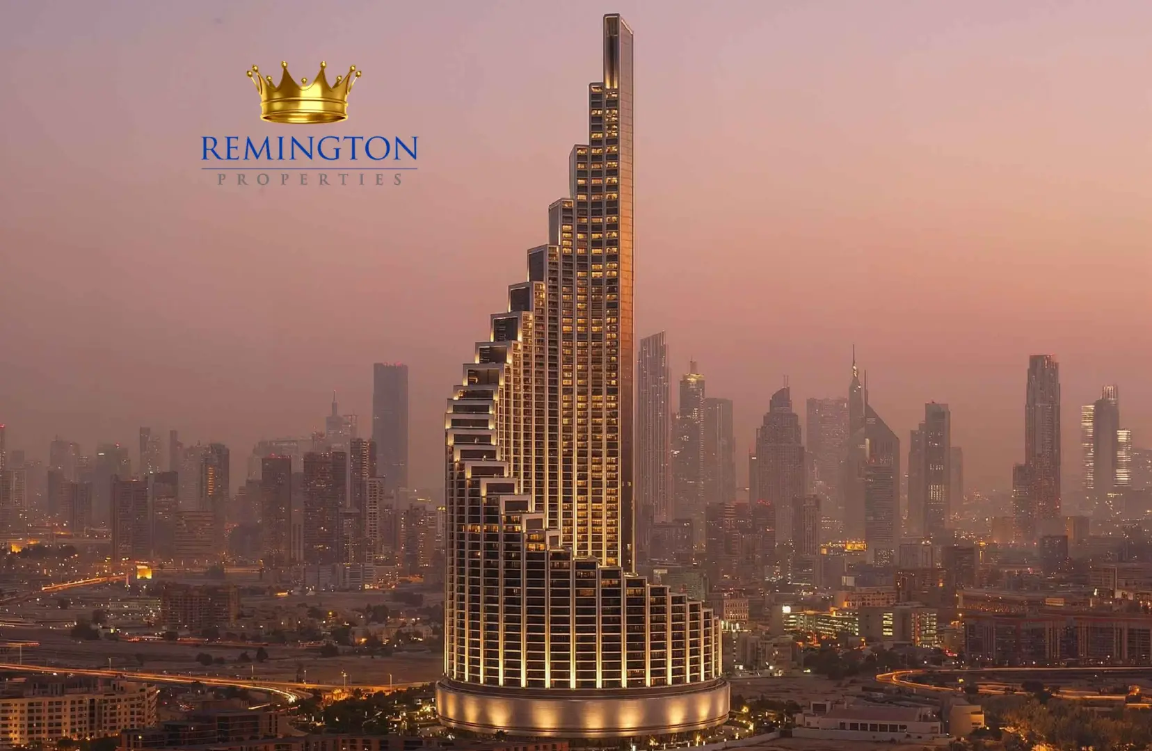 Vision Iconic tower rising above the Dubai skyline at dusk