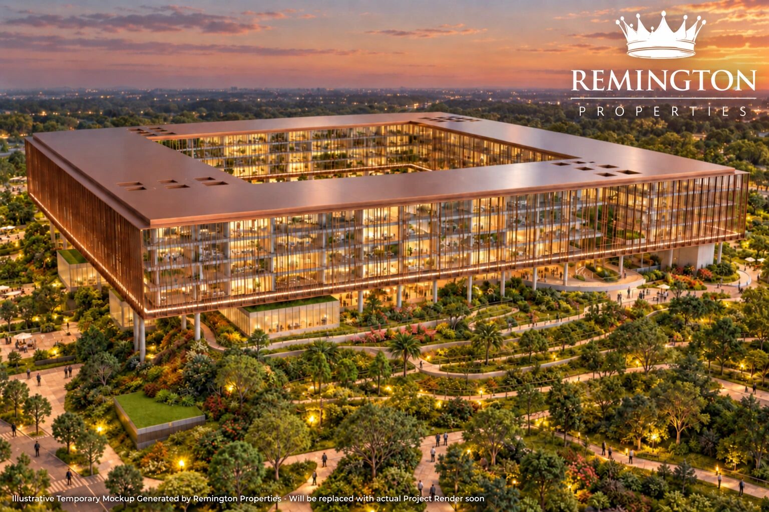Illustrative mockup of Yards Plaza with illuminated glass façades, a central courtyard and landscaped walkways at sunset