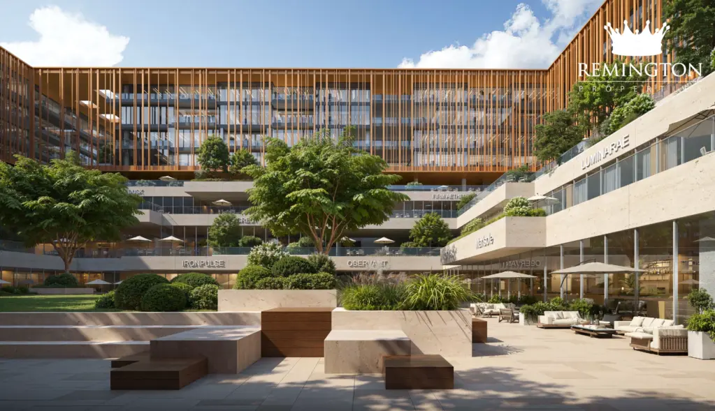 Public courtyard with stepped seating, planting and surrounding commercial façades