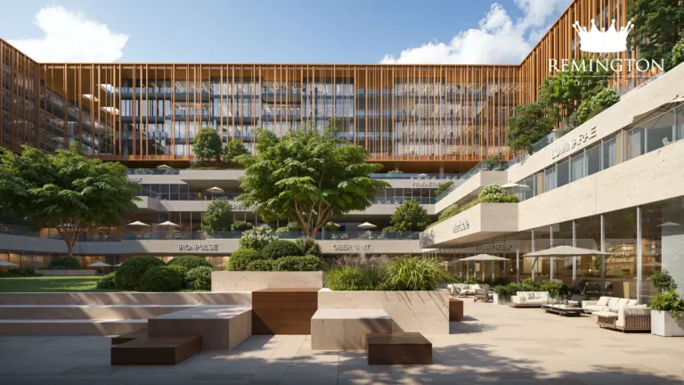 Public courtyard with stepped seating, planting and surrounding commercial façades