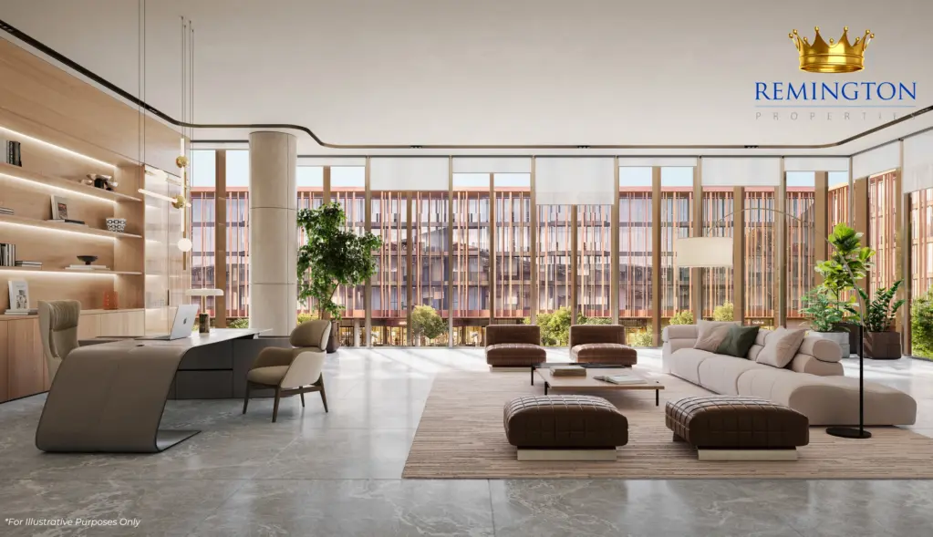 Furnished executive office interior with lounge seating, shelving and full-height glazing