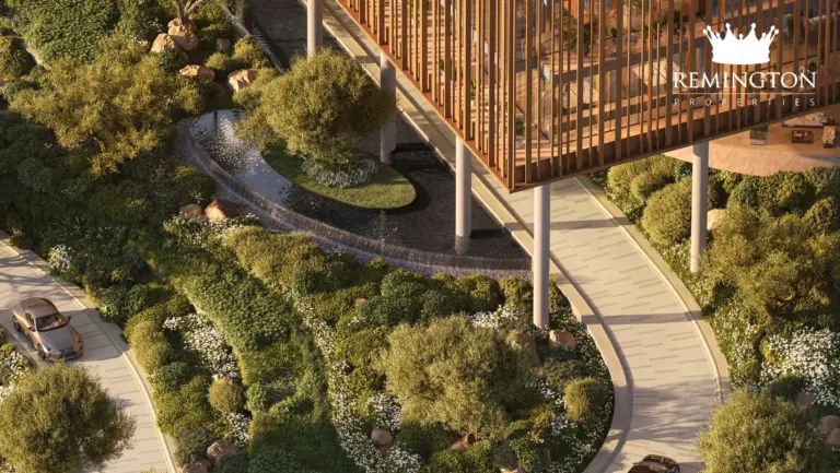 Oblique view of the commercial façade above planted terraces and winding pedestrian paths