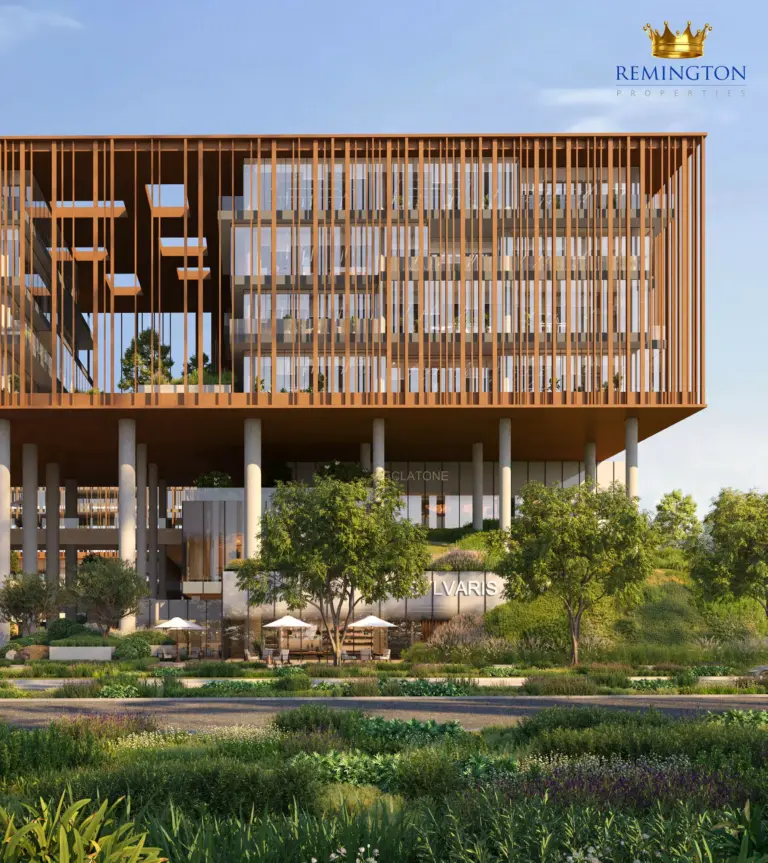 Front elevation with vertical louvers above landscaped terraces and outdoor seating