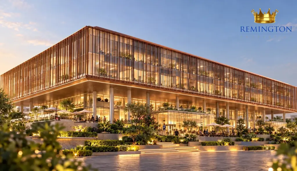 Commercial building with bronze-toned louvers, illuminated glazing and landscaped arrival steps at dusk