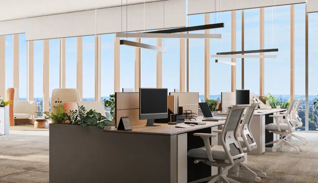 Illustrative fitted workspace with desks, task chairs and full-height glazing