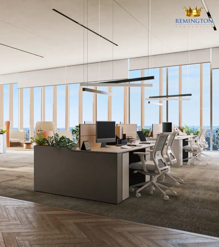 Illustrative fitted workspace with desks, task chairs and full-height glazing
