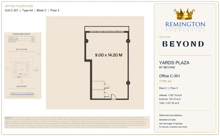 Office C-301, Type AA, Block C, third floor at Yards Plaza by Beyond; unit outline, key section and elevation