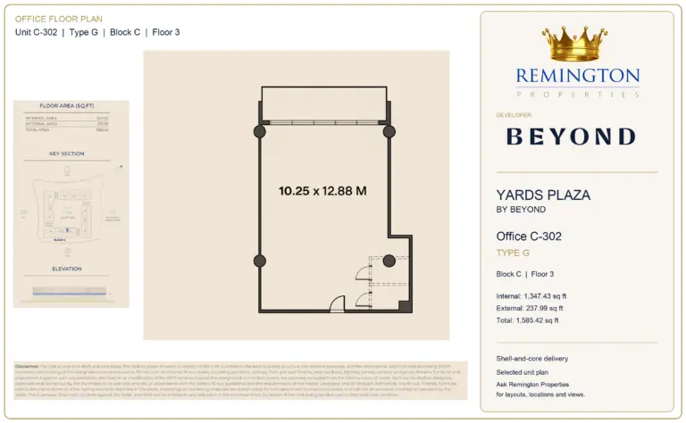 Office C-302, Type G, Block C, third floor at Yards Plaza by Beyond; unit outline, key section and elevation