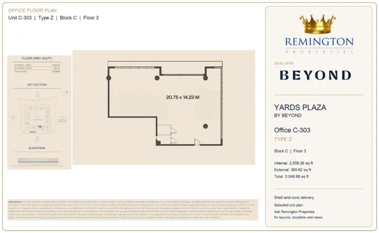 Office C-303, Type Z, Block C, third floor at Yards Plaza by Beyond; unit outline, key section and elevation