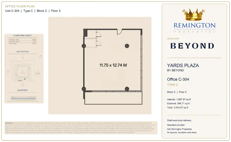 Office C-304, Type C, Block C, third floor at Yards Plaza by Beyond; unit outline, key section and elevation