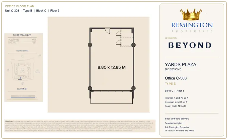 Office C-308, Type B, Block C, third floor at Yards Plaza by Beyond; unit outline, key section and elevation