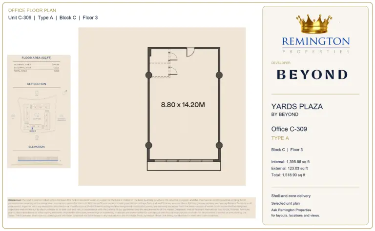 Office C-309, Type A, Block C, third floor at Yards Plaza by Beyond; unit outline, key section and elevation