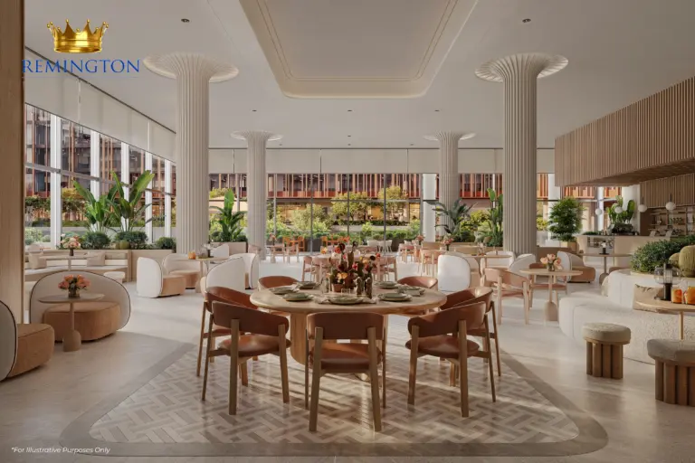 Restaurant-style interior with dining tables, lounge chairs, pendant lights and full-height glazing