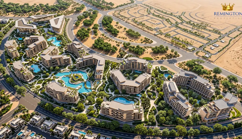 مسترپلان مصور کامیونیتی یاردز در سیتی آو عربیا؛ نمای هوایی ساختمان‌ها، فضای سبز و استخرها