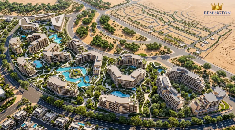 مسترپلان مصور کامیونیتی یاردز در سیتی آو عربیا؛ نمای هوایی ساختمان‌ها، فضای سبز و استخرها