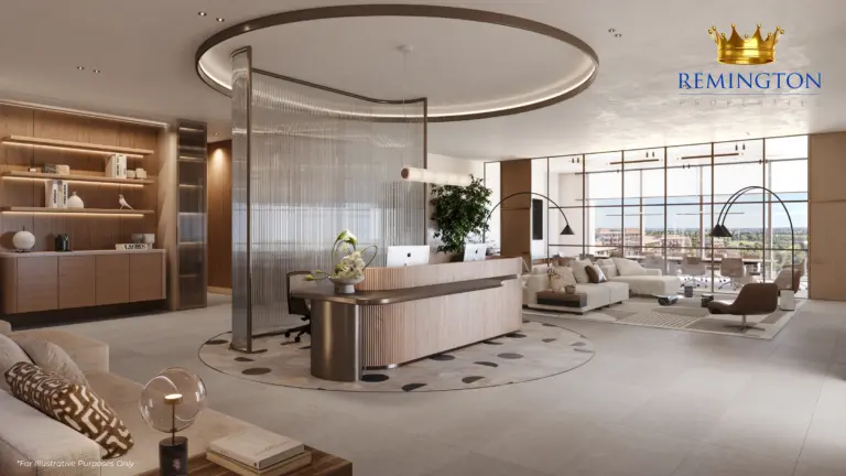 Workspace reception with a curved desk, lounge seating and full-height windows